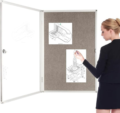 BIBOC Enclosed Felt Bulletin Board 36x24 inch Lockable Cork Noticeboard Display Cases Tamperproof Notice Poster Memo Board with Class Aluminum Frame (Felt, 24×36 inches)