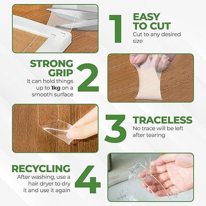Nano Double-Sided Clear Adhesive (16.5f) Tape mounting Tape for Picture Hanging Water Proof Suitable for Rugs Washable Removeable tracelss multiuse Office and Out Door use Cinta adhesiva Doble cara