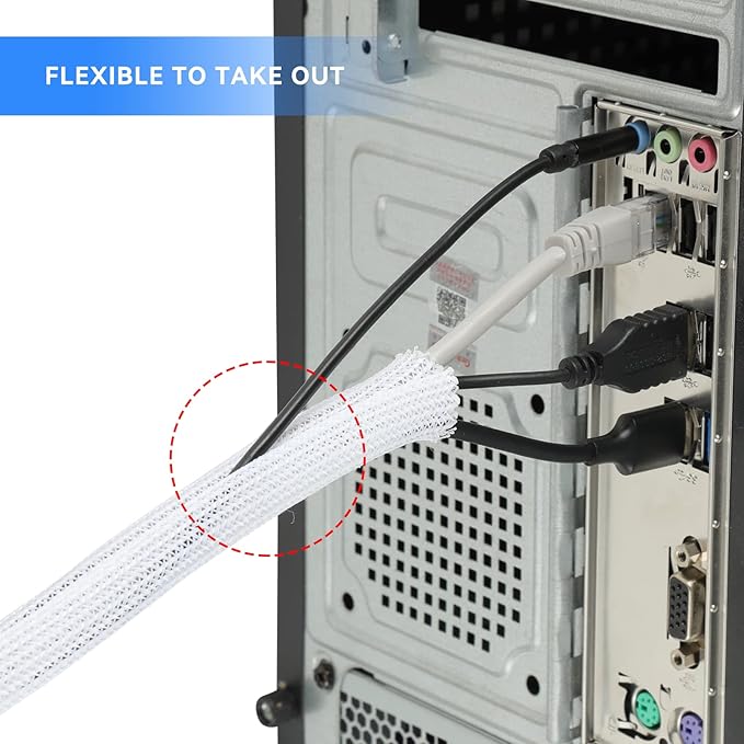 AGPTEK Cable Sleeve Cover, 25ft - 4/5 inch Desk Cord Organizer Cable Hider, Home Office Wire Management Computer TV Wire Loom Tubing, Pet Proof Cord Protector, from Cat Dog Chewing, White