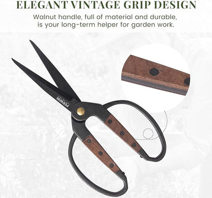 PERWIN Garden Flower Bonsai Scissors,Walnut Wide Handles Pruning Gardening Scissors Floral Shears for Gardening,Succulent Harvest, and Precision Plant Trimming Care