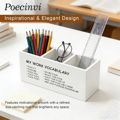Minimalist Funny Pen Holder for Home Office Desk, Funny Office Gifts for Coworkers, My Work Vocabulary Humorous Wooden Box Sign Pencil Holder for Desk Shelf Organizer