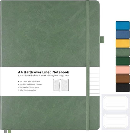 College Ruled Notebook, A4 Hardcover Leather Notebook for Work, Lined Notebook Journal for Women Men, 192 Thick Paper, Lay Flat Large Notebook with Pockets, Professional Business Notebook, Light Green