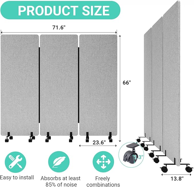 Soundproof Room Divider with Wheels, 66in Office Dividers for Sound Proofing & Reducing, 3 Panel Sound Proof Dividers for Office Partitions Portable Temporary Wall Acoustic Wall Divider，Light Grey