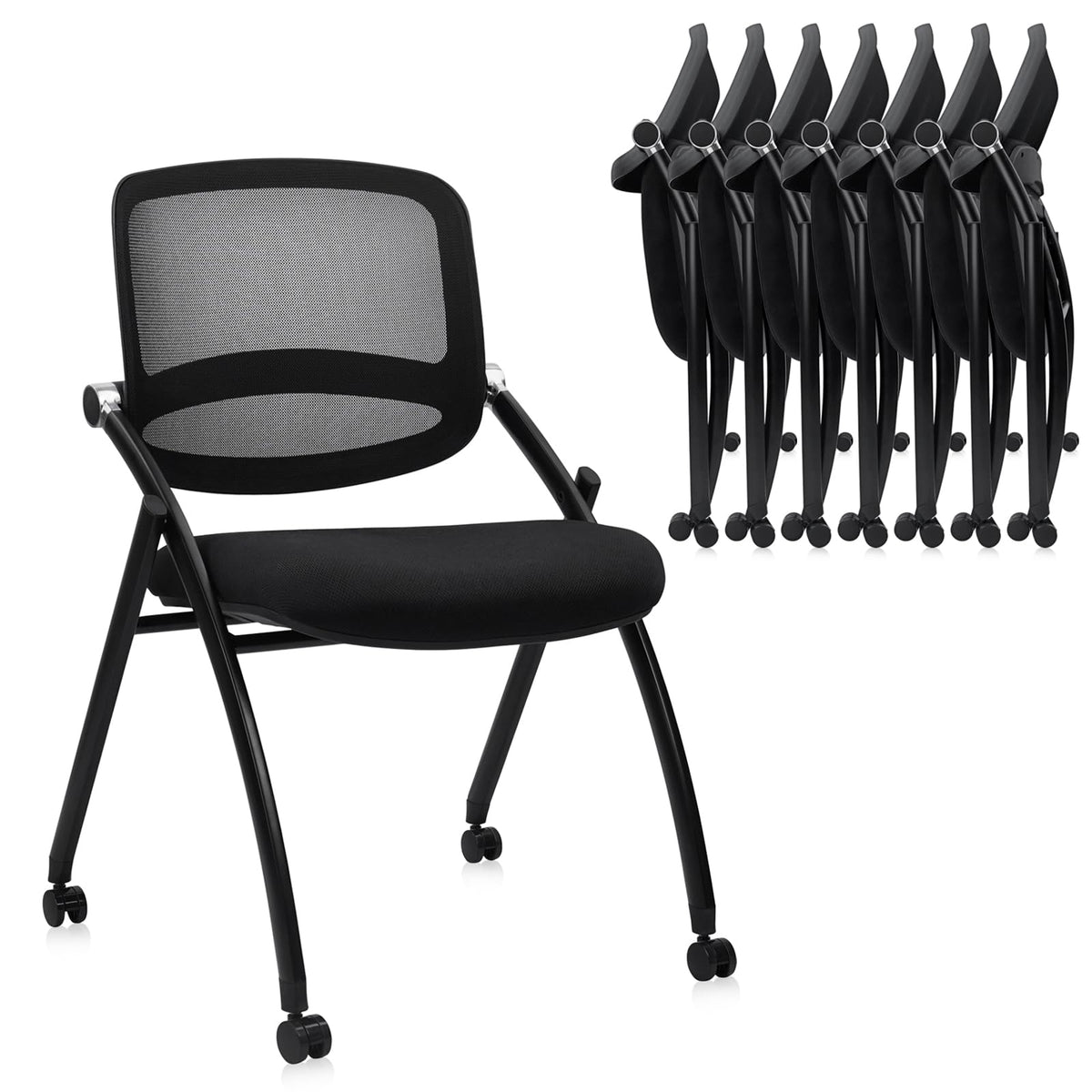 8PACK, Stackable & Foldable Chairs with Wheels, Reception Guest Chairs with Lumbar Support, Ergonomic Curved Mesh Back Folding Chair for Office Schools Conference Waiting Room, Black