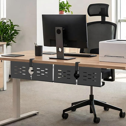 KEEGH 16" Under Desk Cable Management Tray, 2 Pack Desk Cord Organizer Upgrade Capacity, Drill Free Clamp/Screw Mount, Sturdy Metal Tray for Connect Cables, Home, Office, Black