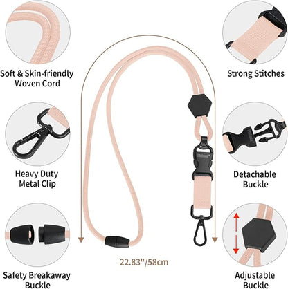 Fishent Breakaway Neck Lanyards for ID Badges, Adjustable Sturdy Round Cord Heavy Duty Key Lanyard with Detachable Buckle for Men Women Car Keys Card Holder (Pink Sands)