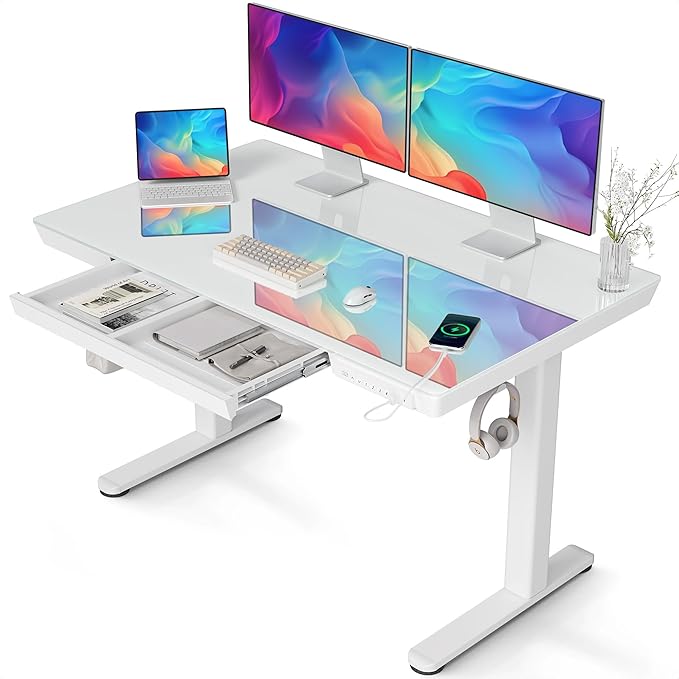 Claiks Glass Standing Desk with Drawers, 48×24 Inch Adjustable Stand Up Desk, Quick Install Home Office Computer Desk with USB Ports, White