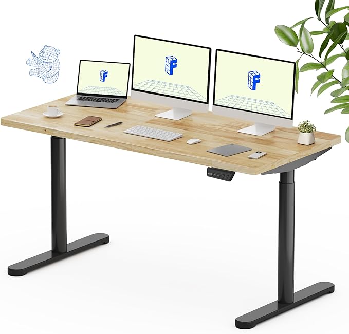 FLEXISPOT Solid Rubberwood Electric Standing Desk with Elegant Oval Legs, 63"x24" Height Adjustable Desk for Home Office & Living Spaces (Black Frame)