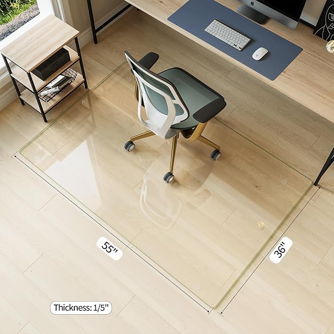 Koonmi Tempered Glass Chair Mat for Hardwood Floors & Carpets, 36" x 55“ Transparent Heavy Duty Office Floor Protector with Noise-Free Gliding Shatterproof for Home Office Desk