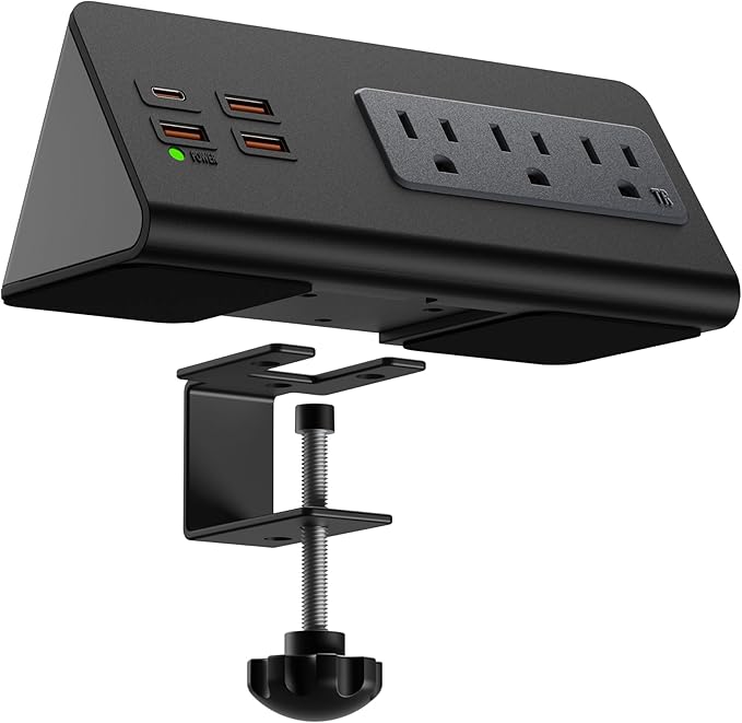 Upgraded,Desk Edge Clamp Mount Power Strips with USB Ports, PD20 W Fast Charging USB-C Port and 3 AC Outlets, Nightstand Charging Station,Office Tabletop Accessories,5.6 Ft Extension Cord