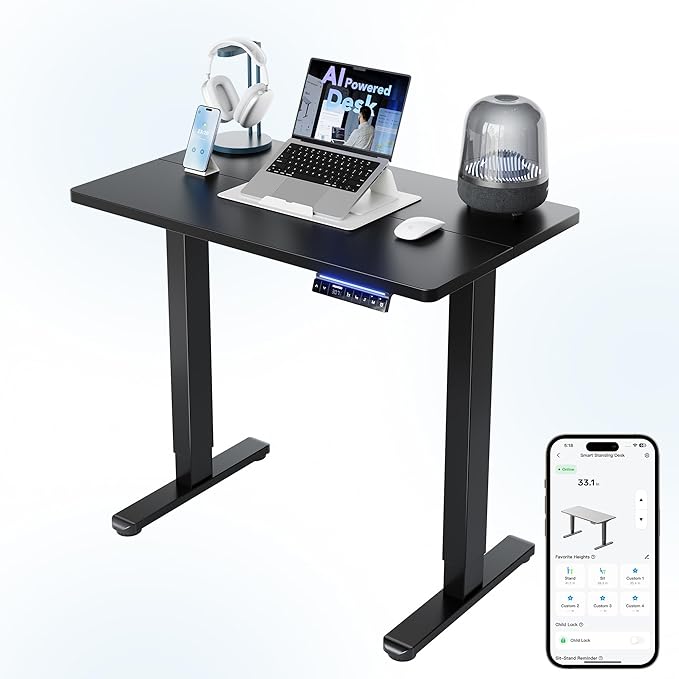 HUANUO AI-Powered Electric Standing Desk with Smart APP, Compatible with Alexa & Google, Adjustable Height, 6 Memory Settings, Sedentary Reminder, Ergonomic Sit-Stand Desk, 32-inch, Black