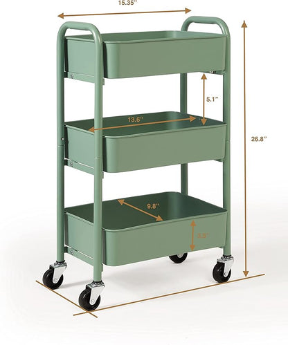 SunnyPoint 3-Tier Delicate Compact Rolling Metal Storage Organizer - Mobile Utility Cart Kitchen/Under Desk Cart with Caster Wheels - Turq (15.35" X 10.24" X 26.8"H)