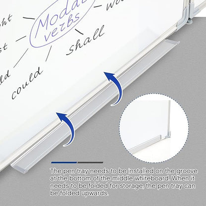 96” x 40 ” Foldable Whiteboard Dry Erase Board Large Tri Folding Whiteboard Magnetic Dry Erase Board, Wall Aluminium Frame and Flip Out Pen Tray for Office, Home