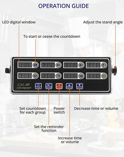 QWORK Digital Kitchen Timer - 8-Channel Multi-Timer with Waterproof Panel, Adjustable Volume