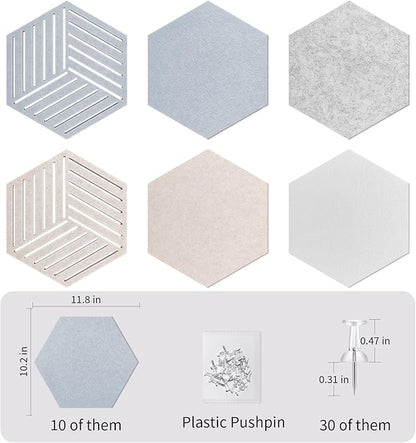 12'' Medium Hexagon Cork-Bulletin Board Tiles Adhesive 10PCS 12x10 inch Frameless Sticky Corkboard Hex Felt Pin Board for Office-Wall Decor, Removable Hexagonal Tack Pinboard with 30 Pushpins