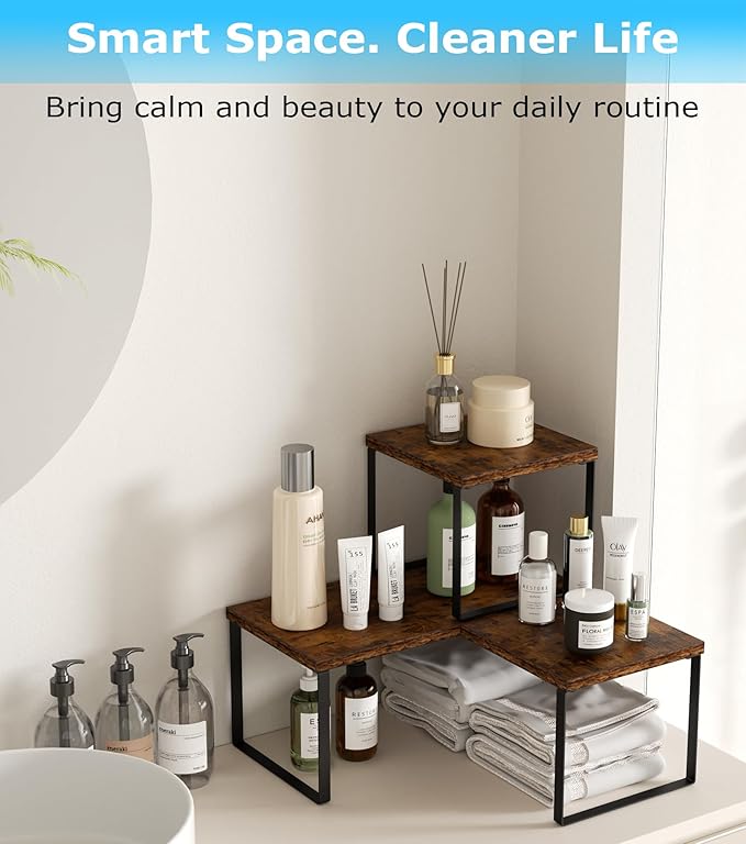 Aothia Wood Desktop Shelf for Top of Desk - 2-Tier Adjustable Bookshelf Organizer, Freestanding Stackable Shelves for Office, Home, Kitchen Counter (Rustic Brown)