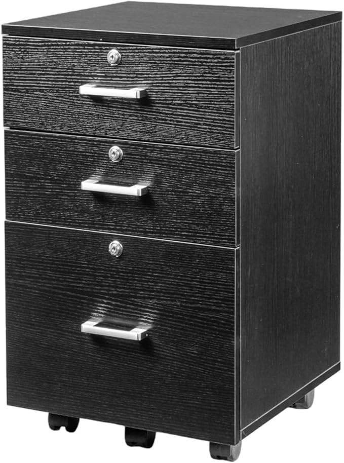 VINGLI 3-Drawer File Cabinet with Lock, Wood Rolling Filing Cabinets for Home Office, Mobile Printer Stand, Under Desk File Organizer for Letter Sized Files, 26" H(Caster Included), Black