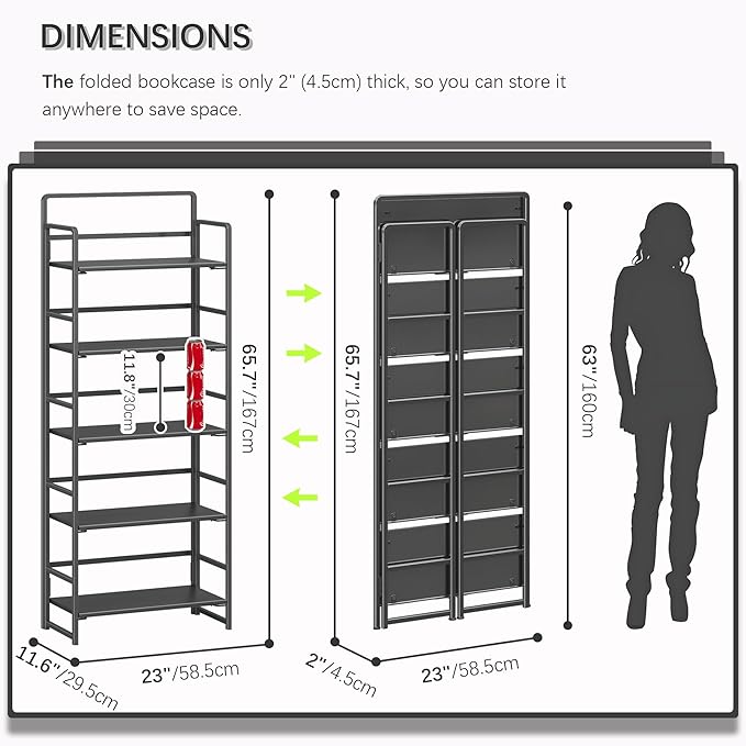 4NM No Assembly 5 Tiers Folding Bookshelf Storage Shelves Vintage Bookcase Standing Racks Study Organizer Home Office (All Black)