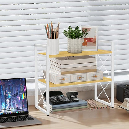 YINMIT Desktop Shelf Organizer, 2 Tier Office Shelves, Wood Desk Organizer Storage Rack and Freestanding Display Shelf for Office, Dormitory, Home (White Wood)