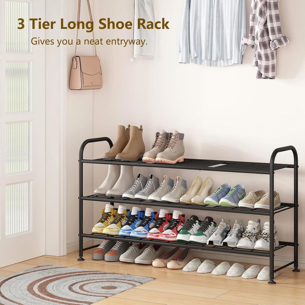 Shoe Rack 3 Tier Long Metal Shoe Organizer for Closet Entryway Black