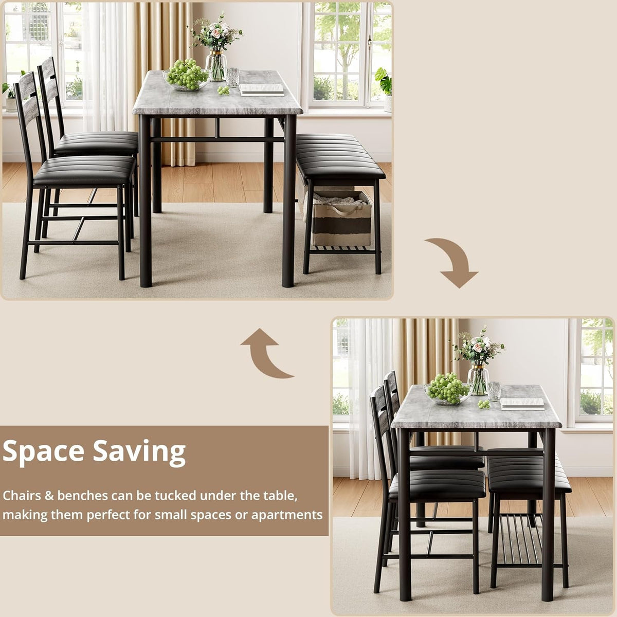 Dining Table Set for 4, Kitchen Table with Upholstered Bench and 2 Chairs, Kitchen Table and Chairs Set for Small Space, Apartment, Gray