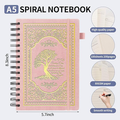 A5 Hardcover Spiral Notebook Tree of Life Journal Daily Journals for Writing Travel Notebooks Journal for Women Men 80GSM Paper Leather Spiral Journal,5.7"x8.3"（Spiral Tree -Pink)