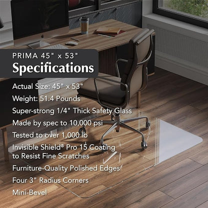 Vitrazza Glass Chair Mat 45” x 53” Superior ¼ Thick, Chiaro Standard Clear, Certified Tempered Safety Glass, Delivers a Smooth Glide, Protects Carpet or Wood, Beautiful in Home or Office.