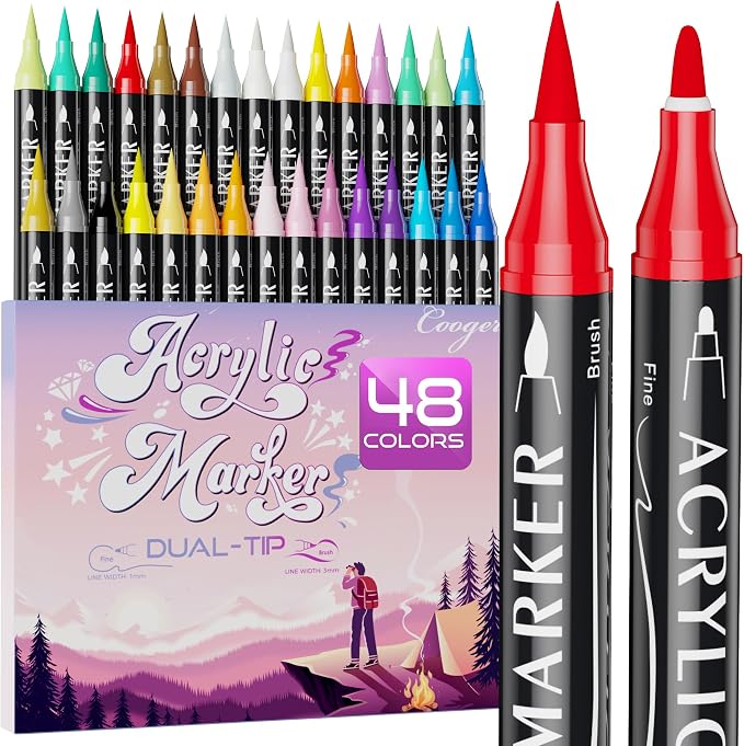 48 Colors Dual Tip Acrylic Paint Markers,Fine Tip and Brush Tip Permanent Acrylic Paint Pens For Rock Painting, Canvas, Wood, Glass, Ceramic, Fabric, Plastic, Egg, Scrapbook,Art Painting Supplies Kit