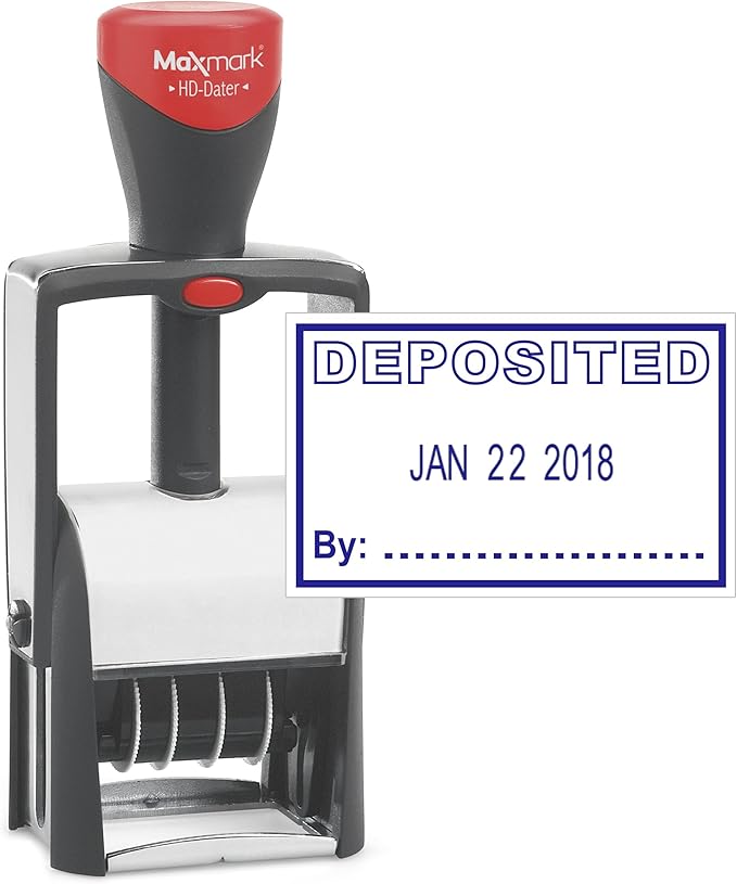 MaxMark Heavy Duty Self Inking Date Stamp with Phrase Deposited - Blue Ink