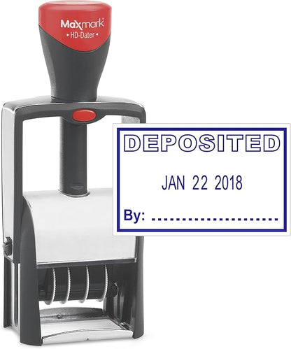 MaxMark Heavy Duty Self Inking Date Stamp with Phrase Deposited - Blue Ink