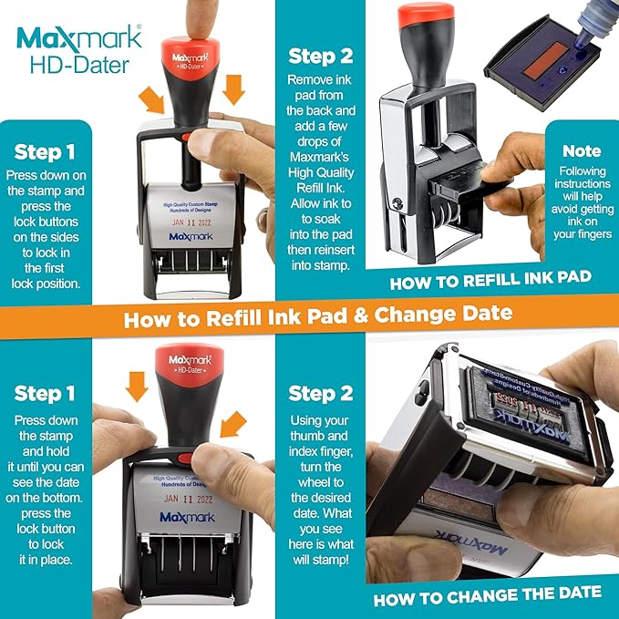 MaxMark Heavy Duty Self Inking Date Stamp with Phrase Entered - Black Ink