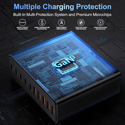 750W USB C Charger Block,10-Port Charging Station GaN Fast Charging Type C & USB A Wall Charger Adapter for MacBook Pro/Air,iPhone,iPad,Dell XPS,Samsung Galaxy (Bright Black)
