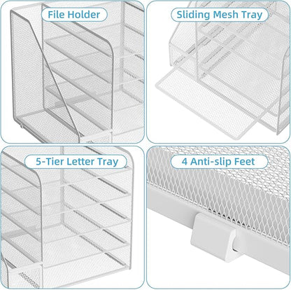 Marbrasse Desk Organizers and Accessories, 5-Tier Paper Letter Tray Organizer with File Holder, Mesh File Organizer, Office Desk Accessories & Organization for Supplies (White)
