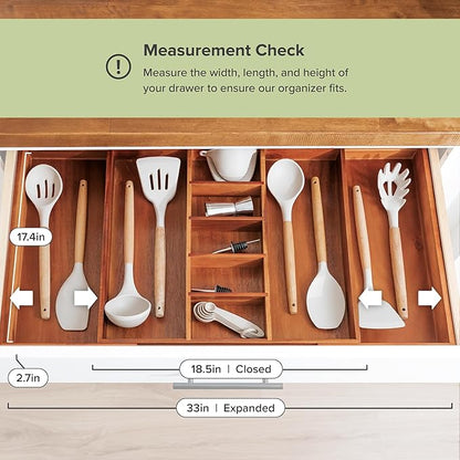 KitchenEdge Adjustable Kitchen Drawer Organizer for Utensils and Junk, Food-Safe Contract Grade with 100% Sustainable Wood, Non-Slip, Expandable from 18.5 to 33 Inches Wide - Natural Acacia