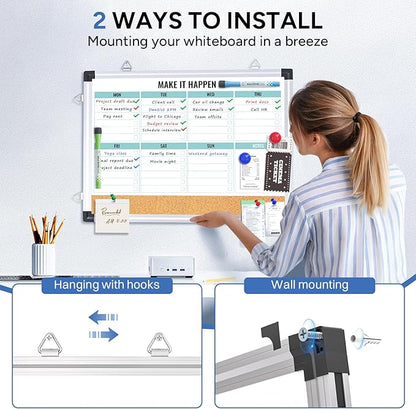 Weekly Calendar Whiteboard and Cork Board Combo for Wall, 17"x13" Reversible Hanging Dry Erase Board, Double Sided White Board with Aluminum Frame for Planning, Office, Kitchen, School, Home