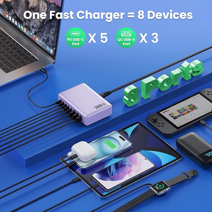 USB C Charger 300W USB C Charger Block, 8-Ports GaN IV Fast Charging Station Hub,PD 100W Laptop Charger Adapter,for MacBook Pro/Air/iPad/iPhone16/15/14/Apple Watch/DELL/Samsung for Home Office