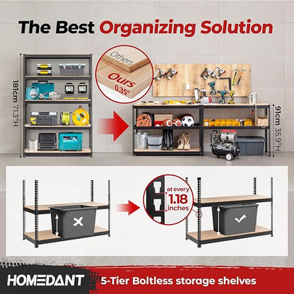 HOMEDANT 5 Tier Storage Shelves Adjustable Laminated Boltless Garage Metal Shelving Unit Heavy Duty Utility Rack Shelf Warehouse Pantry Closet Kitchen (2, (L) 48.1" W, Black)