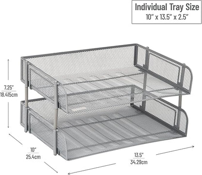 Mind Reader Stackable Paper Tray, Desktop Organizer, File Storage, Office, Metal Mesh, 13.5" L x 10" W x 7.25" H, 2 Pcs., Silver