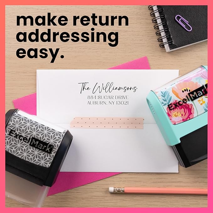 ExcelMark Address Stamp - Custom Return Address Stamp with Elegant Designs, Vibrant Colors & Patterns – Perfect for Mail, Invitations & Gifts (Violet Mount, Santa Catalina)