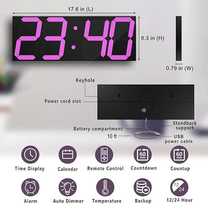 LED Large Digital Wall Clock, Oversize Wall Clock with 6” Numbers, Remote Control Count up/Countdown Timer Clock, Auto Dimmer, Big Calendar and Thermometer(Purple)