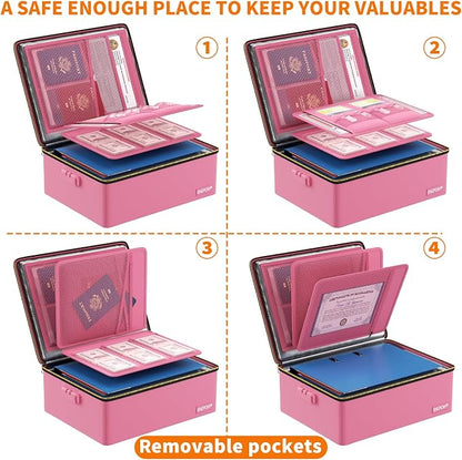 ENGPOW Fireproof Document Box with Lock & Heat-Resistant Fireproof Zipper | 6400°F 12-Layer Fire Protection, Hard File Organizer with Pockets, Portable Home Chest Safe Storage for Money,Jewelry, Pink