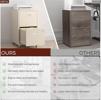 Kubohogar 2 Drawer Mobile File Cabinet with Lock, Cream Metal Filing Cabinets with Wheels, Vertical Rolling File Cabinet Fit Hanging Files, Letter and A4 Documents