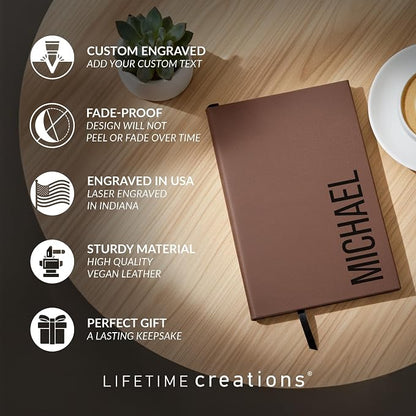 Lifetime Creations Custom Notebook (Black, Vertical Name) - Personalized Hardcover Vegan Leather Writing Journal, Business Meeting Notebook Gift for Professionals, Hard Cover Notepad