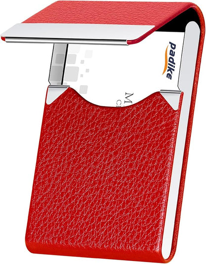 Padike Leather Business Card Holder for Women Leather Stainless Steel Business Card Case with Magnetic Shut (Red)
