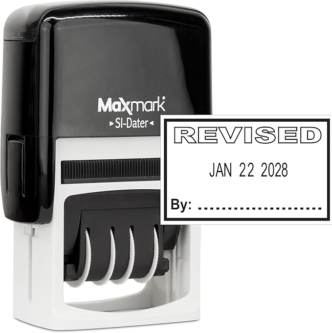 MaxMark Office Self Inking Date Stamp with Phrase Revised - Black Ink