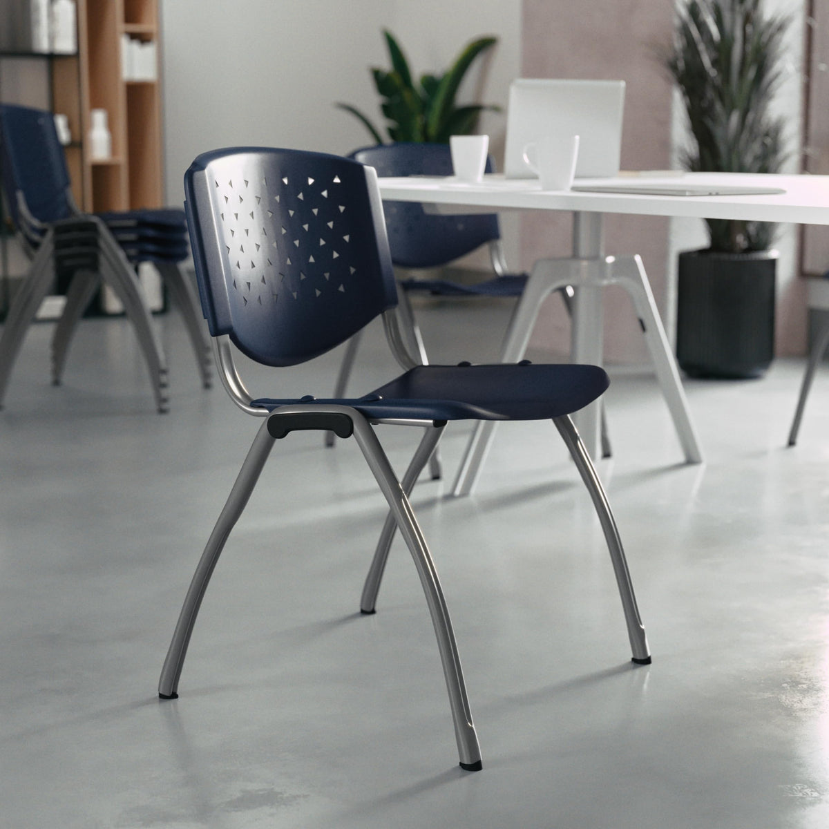 880 lb. Capacity Navy Plastic Stack Chair with Titanium Gray Powder Coated Frame
