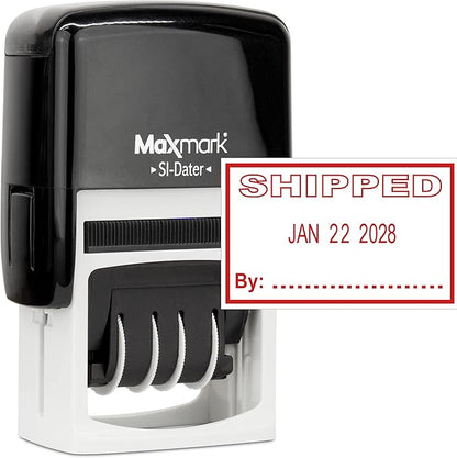 MaxMark Office Self Inking Date Stamp with Phrase Shipped - Red Ink