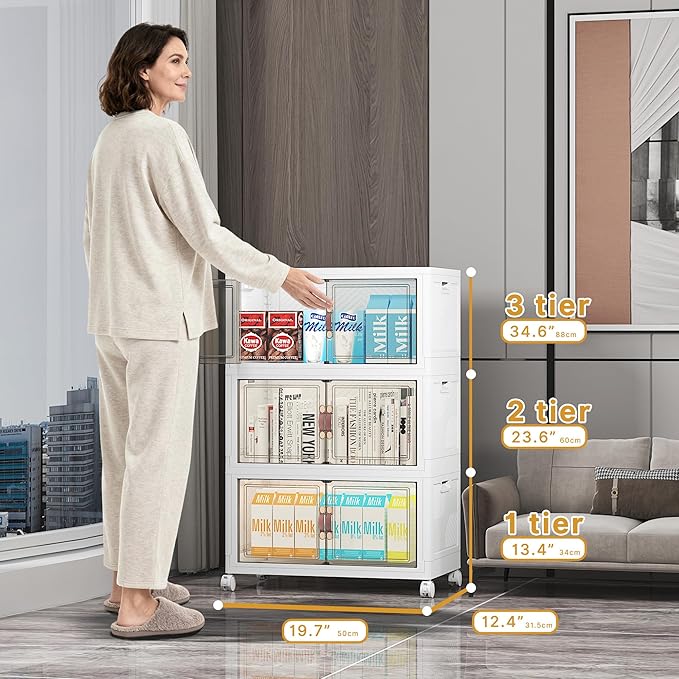UAMFURI Extra Large Stackable Storage Bins with Lids & Wheels & Door, 312QT-52QT/13GAL*6Pack Foldable Collapsible Closet Organizers, Plastic containers Drawers for Bedroom Dorm