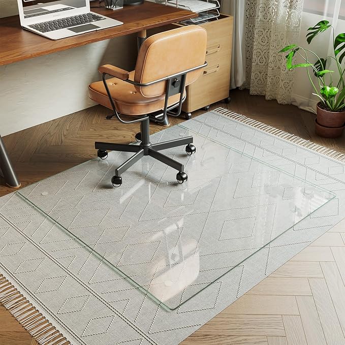 Koonmi Tempered Glass Chair Mat for Hardwood Floors & Carpets, 46" x 46“ Transparent Heavy Duty Office Floor Protector with Noise-Free Gliding Shatterproof for Home Office Desk