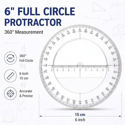 Zonon 2 Pack 360 Degree Protractor, 6 Inch Multifunctional Drawing Ruler Rotatable Mathematical Function Math Geometry Ruler Set, Large Clear Circle Protractor Drafting Tools for Engineering(Classic)